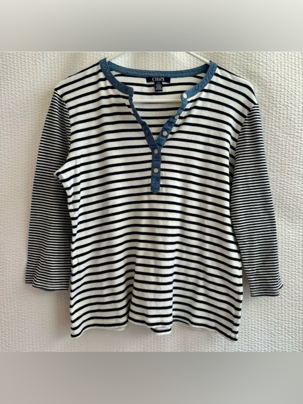 CHAPS Denim Navy Blue White Striped Henley Long Sleeve Cotton Top Large Casual